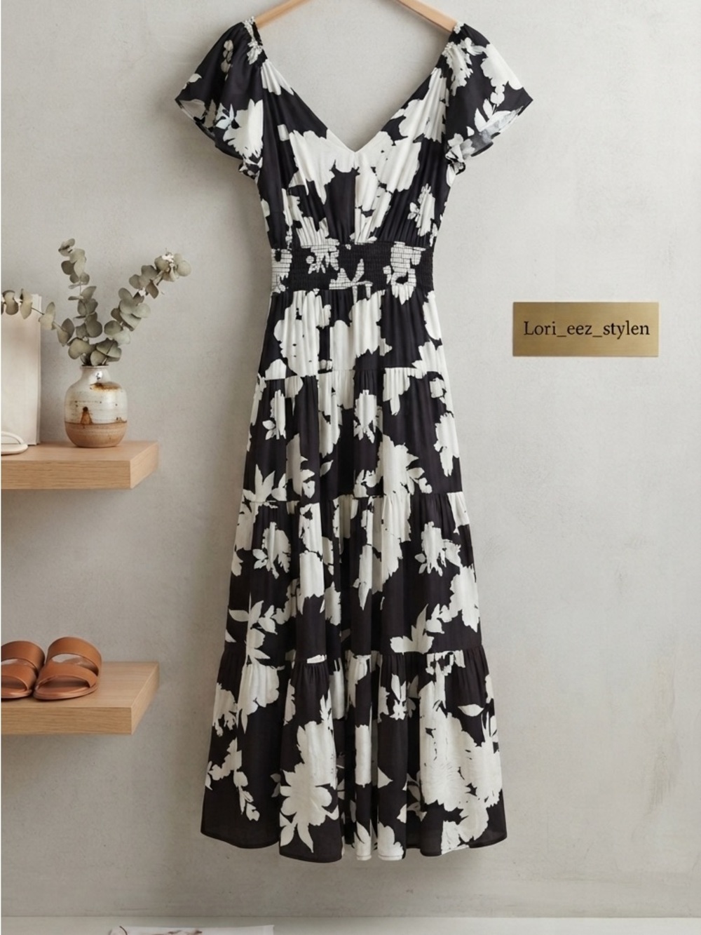 Rachel Zoe Black & White Floral V-Neck Tiered Maxi Dress